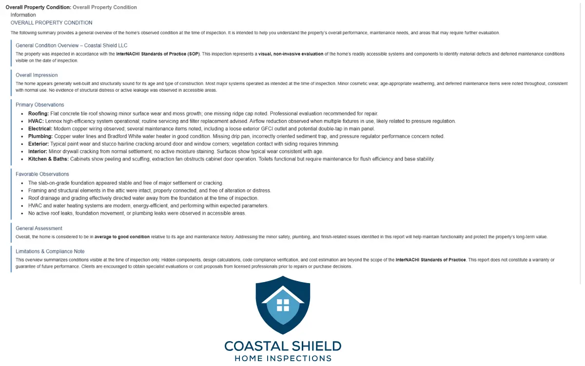 A screenshot of the Coastal Shield home inspection report summary, showing clear, color-coded counts for Material, Major, and Minor defects.