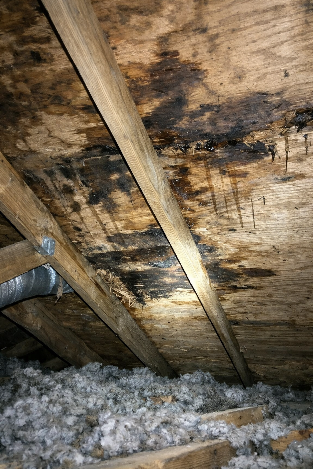 Water stains on wood sheathing inside an attic caused by failing roof underlayment.