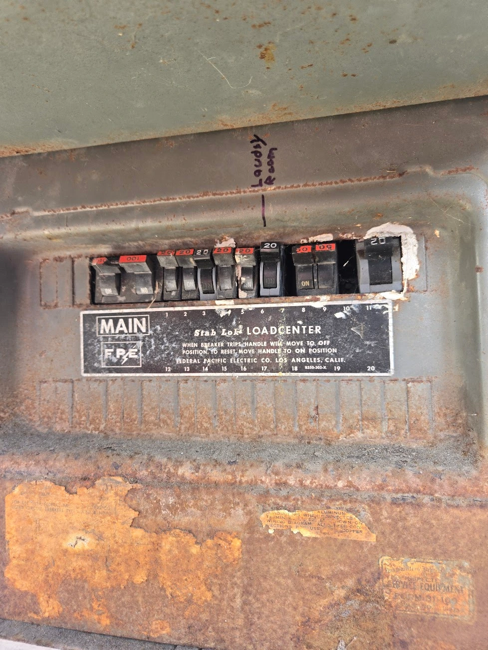 Federal Pacific Stab-Lok breakers with the characteristic red trip markers.