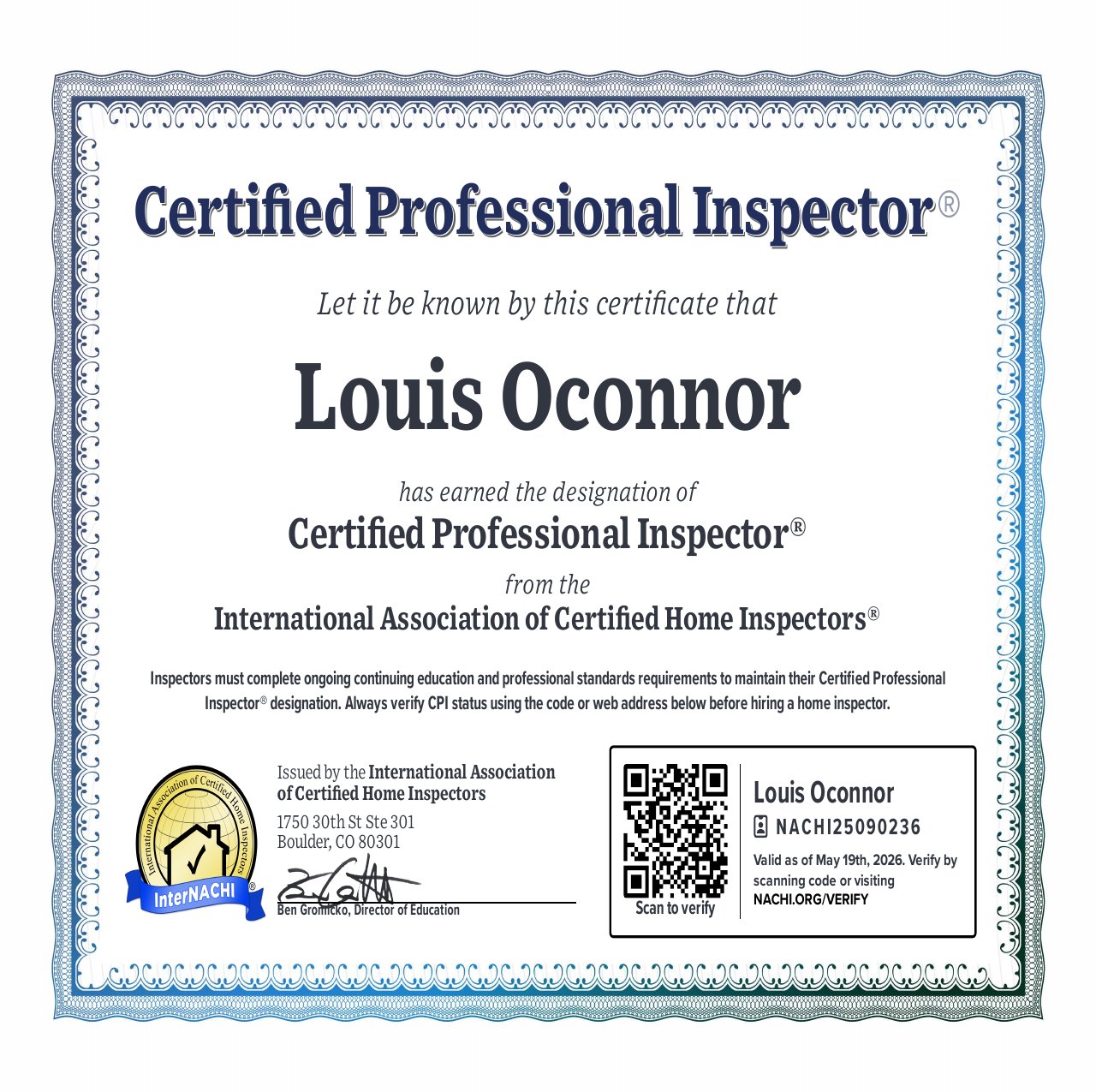InterNACHI Certified Professional Inspector certificate issued to Louis Oconnor