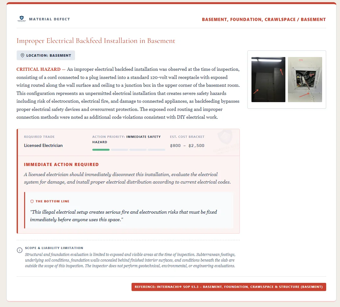 Coastal Shield Defect Card showing narrative, cost estimate, and action recommendation