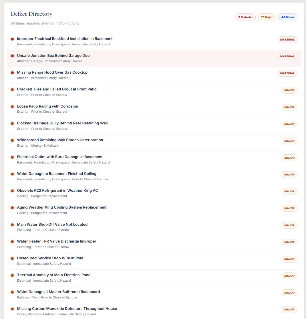 Coastal Shield Defect Directory showing color-coded Material, Major, and Minor defect counts