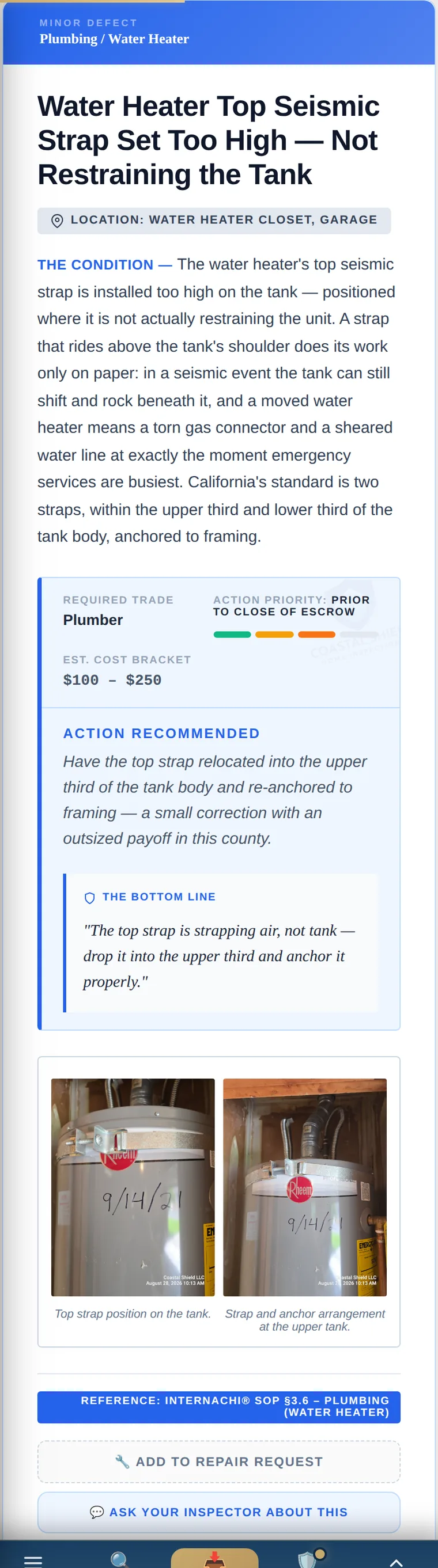 A complete finding card: condition narrative, required trade, action priority, cost bracket, recommendation, bottom line, and photos