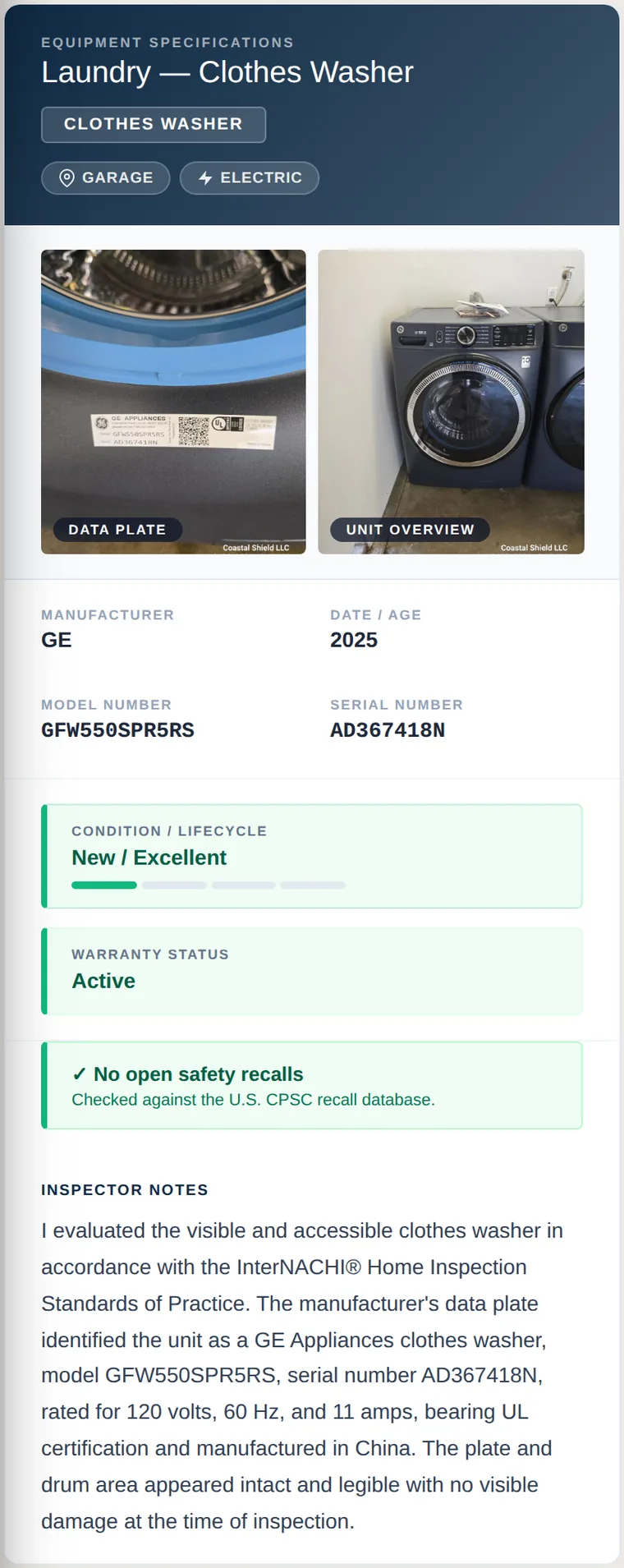 An equipment record card: manufacturer, model, serial, age, lifecycle meter, and a CPSC recall check result