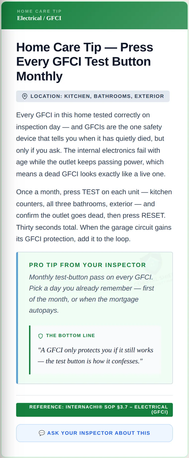 A green Home Care Tip card with maintenance guidance from the inspector