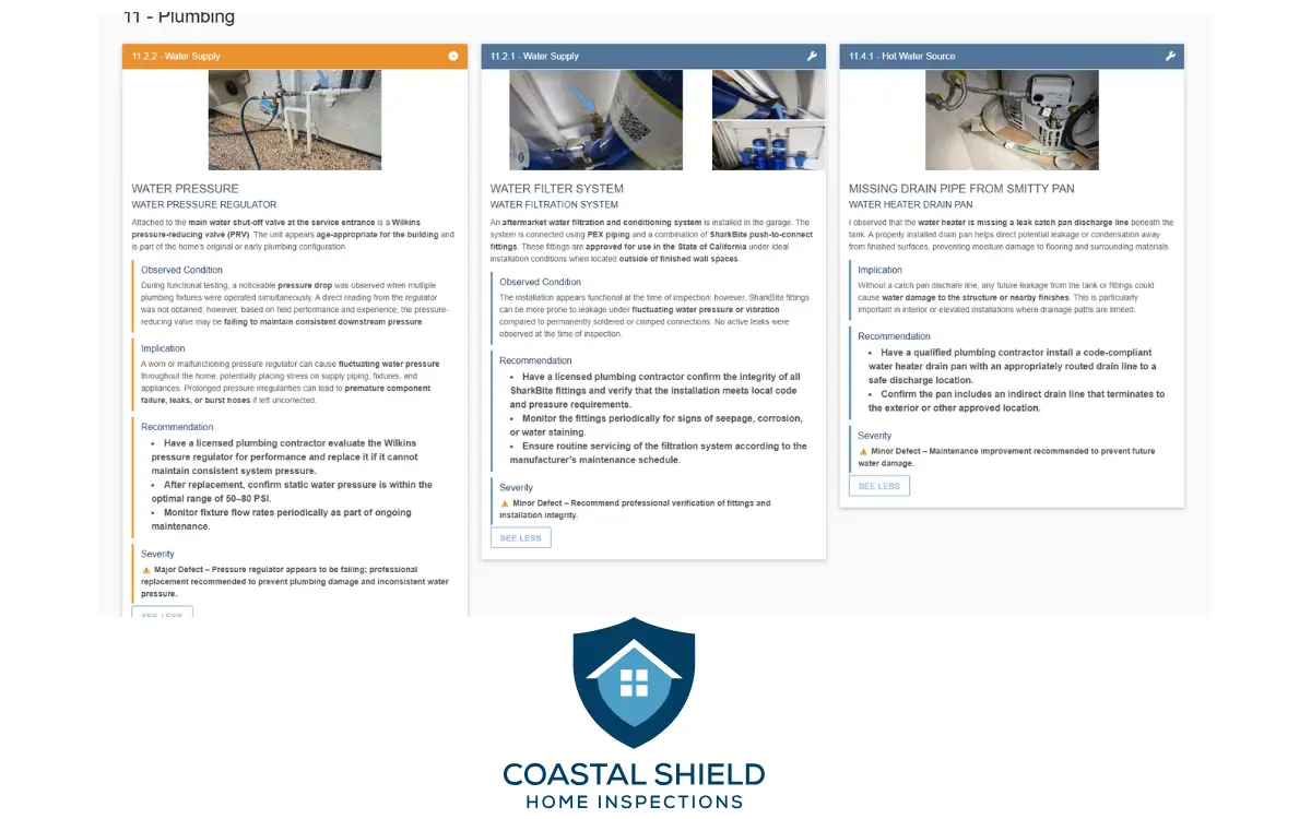 Screenshot defining the report categories: Material Defect (red), Major Defect (orange), and Minor Defect (blue).