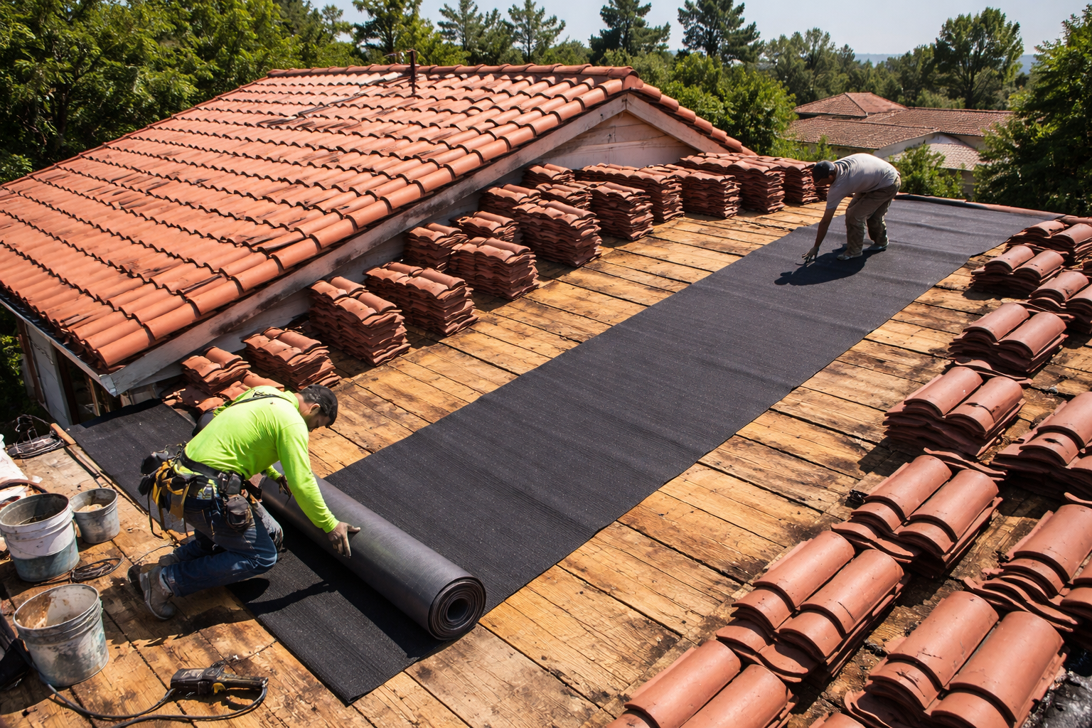 Roofers performing a lift and relay on a Spanish tile roof.